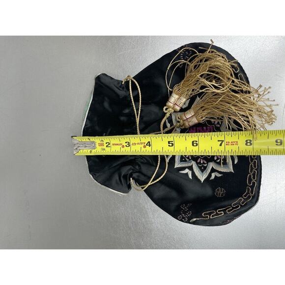 Vintage Antique Chinese Asian Black Silk Tassels Small Drawstring Handbag Bag - Picture 7 of 8